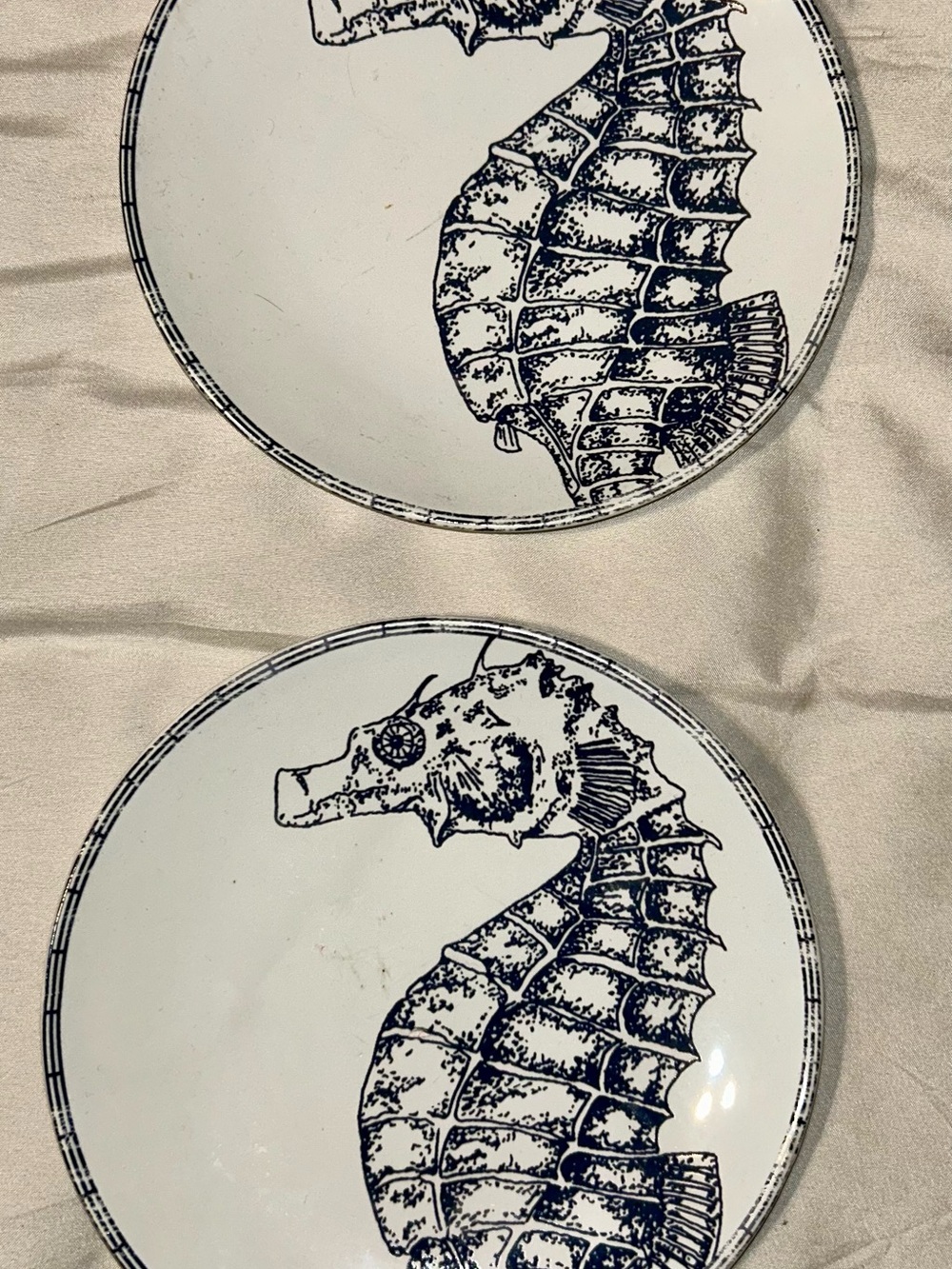 223 Fifth Nautical Seahorse Plates Navy and Cream